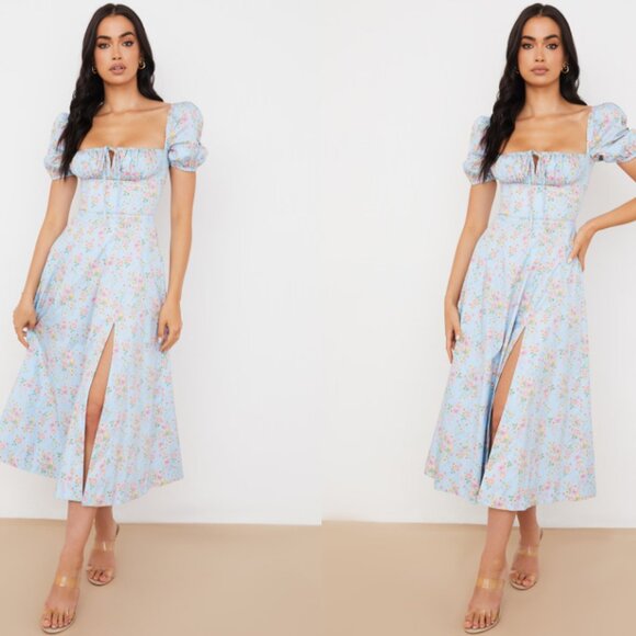 House of CB Tallulah Blue Vintage Floral Puff Sleeve Midi Dress NWT - Picture 3 of 10